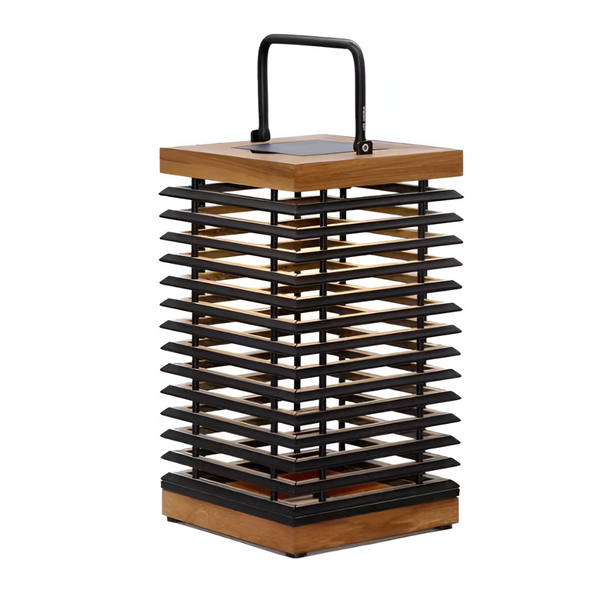 Decorative solar lantern with wooden top and black metal base on a white background