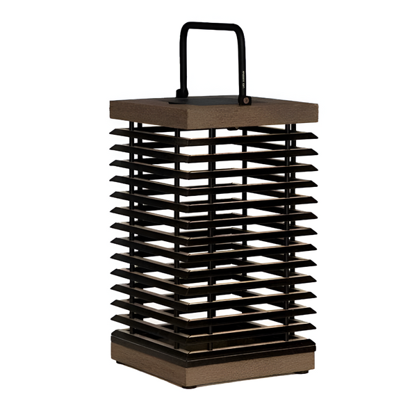Black and brown solar lantern with a handle on a white background