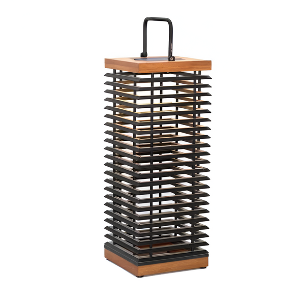 Tall cylindrical solar lantern with wooden top and bottom on a white background