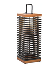 Tall cylindrical solar lantern with wooden top and bottom on a white background