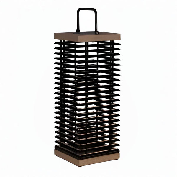 Tall black metal and wooden solar lantern on a white background