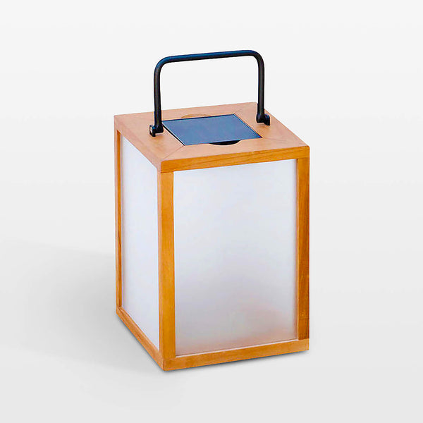 Solar lantern with wooden frame and blue solar panel on a white background