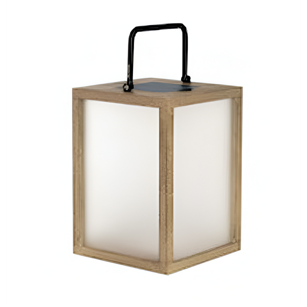 Square wooden solar lantern with a white interior on a white background