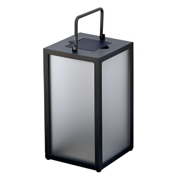 Black rectangular outdoor solar lamp with a handle on a white background