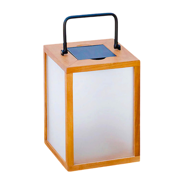 Solar lantern with wooden frame and white glass on a white background