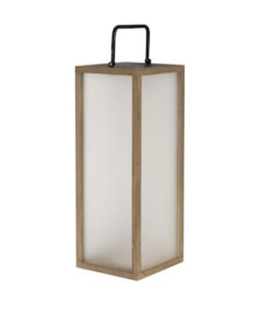 Square solar lantern with wooden frame and white interior on a white background