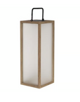 Square solar lantern with wooden frame and white interior on a white background