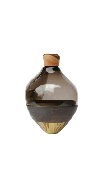 Decorative sculptural vase with a wooden top and base on a white background from Utopia & Utility, available at Spacio retail stores in Mumbai & Kolkata. 