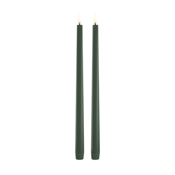 Two dark green slim LED taper candles standing upright side by side on a plain white background.
