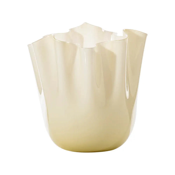 Cream-colored venini murano vase on a white background at Spacio retail store in Mumbai 