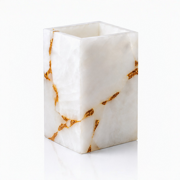 White quartz brush holder with gold accents on a white background
