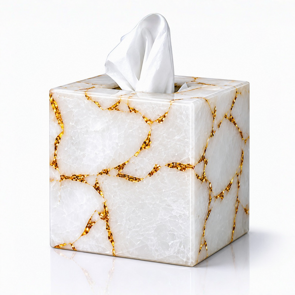Tissue box cover with gold foil on white quartz pattern on a white background