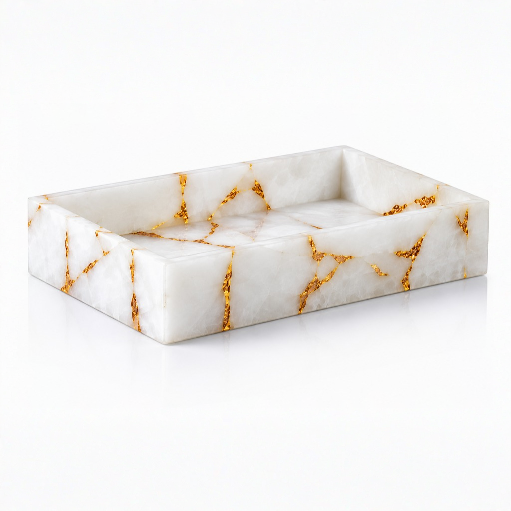 White Quartz with Gold Foil Towel Tray | Spacio
