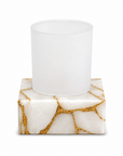 Bathroom sinktop tumbler with white quartz and gold accents on a white background