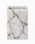 White quartz brush holder with silver accents on a white background
