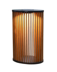Conical wooden solar lantern lamp with slatted design on a white background