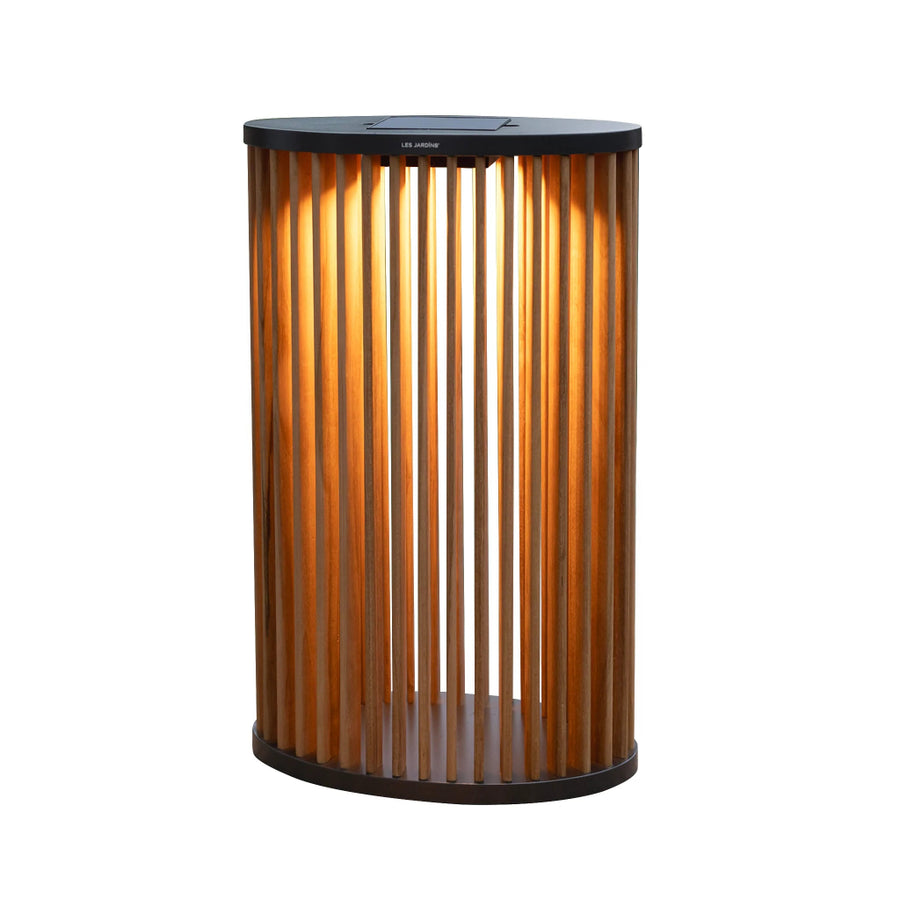 Conical wooden solar lantern lamp with slatted design on a white background