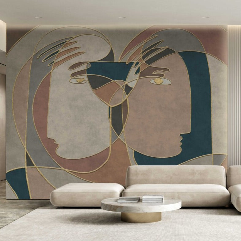 A Spanish artist's living room with a large abstract painting on the wall, showcasing mesmerizing Affreschi Inner Line Collection wallpaper designs that evoke a strong human connection.