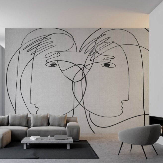 A modern living room with a captivating Affreschi Inner Line Collection wall mural created by a talented Spanish artist.