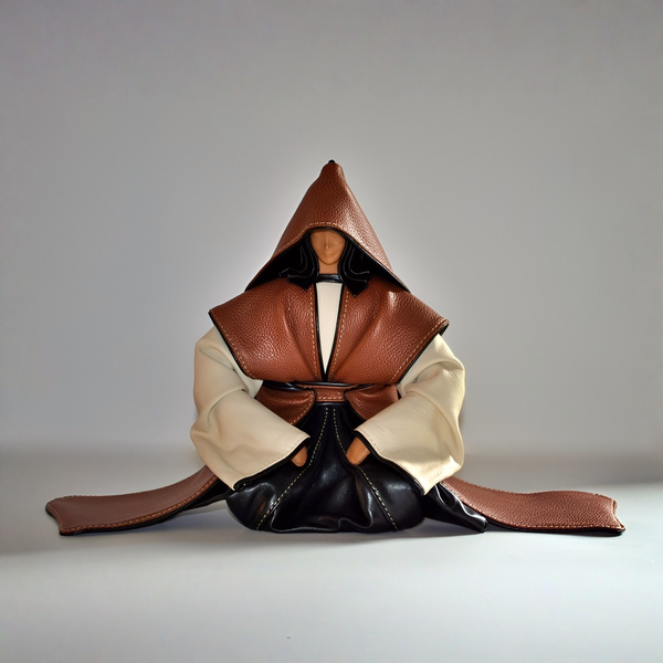 A handmade leather samurai sculptures, styled as a meditating or seated figure, featuring a brown textured leather hood and outer garments, cream-colored inner sleeves, and black leather lower body, set against a plain gray studio background.