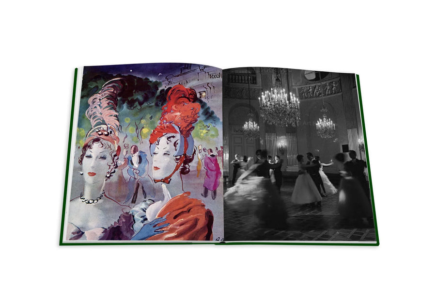 Assouline Bals: legendary costume balls of the twentieth century coffee table book displaying The Artwork about Well plumed ladies in 1937 by Fashion illustrator Rene Bouet-Willaumez on a white back ground available at Spacio India for luxury home decor accessories collection of Fashion Coffee Table Books.