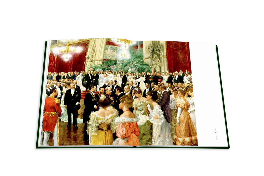 Assouline Bals: legendary costume balls of the twentieth century coffee table book displaying "The Viennese Ball" painting by Wilhelm Gause, a German painter on a white back ground available at Spacio India for luxury home decor accessories collection of Fashion Coffee Table Books.