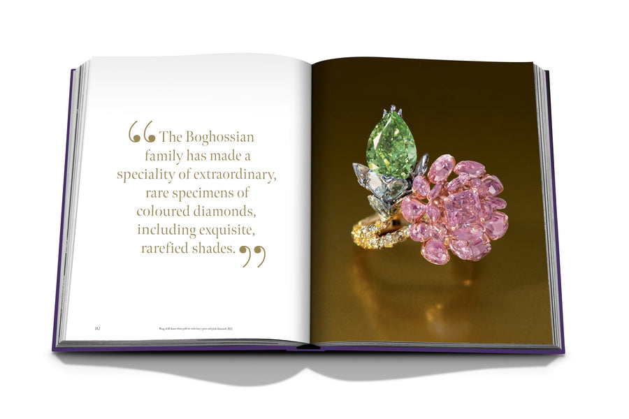 Assouline Boghossian: Expertise Craftsmanship Innovation coffee table book displaying photo of Boghossian Pink & Green Diamonds Ring on white background at Spacio India for luxury home decor collection of Jewellery Coffee Table Books.