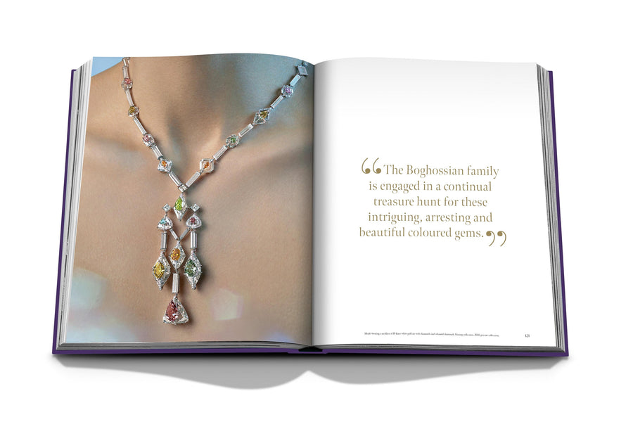 Assouline Boghossian: Expertise Craftsmanship Innovation coffee table book displaying photo of Boghossian Colorful Diamonds Necklace on white background at Spacio India for luxury home decor collection of Jewellery Coffee Table Books.