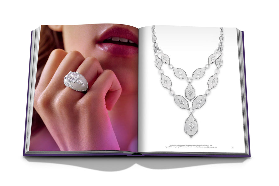 Assouline Boghossian: Expertise Craftsmanship Innovation coffee table book displaying photo of Boghossian Necklace & Ring on hand on white background at Spacio India for luxury home decor collection of Jewellery Coffee Table Books.