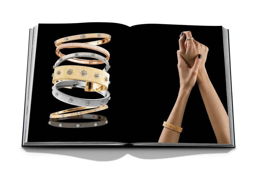 Assouline Buccellati: A Century of Timeless Beauty coffee table book displaying Gold & Silver Bracelets & a lady wering bracelet on a white background at Spacio India for luxury home decor collection of Jewellery Coffee Table Books.