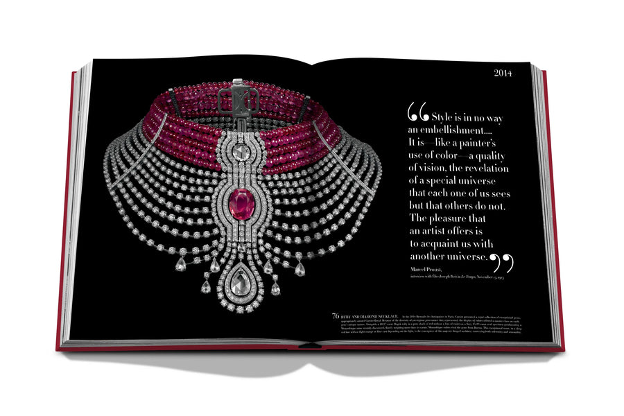 Assouline Cartier: The Impossible Collection coffee table book displaying Cartier Reine Makeda Necklace on white back ground available at Spacio India for luxury home decor collection of Ultimate & Jewellery Coffee Table Books.