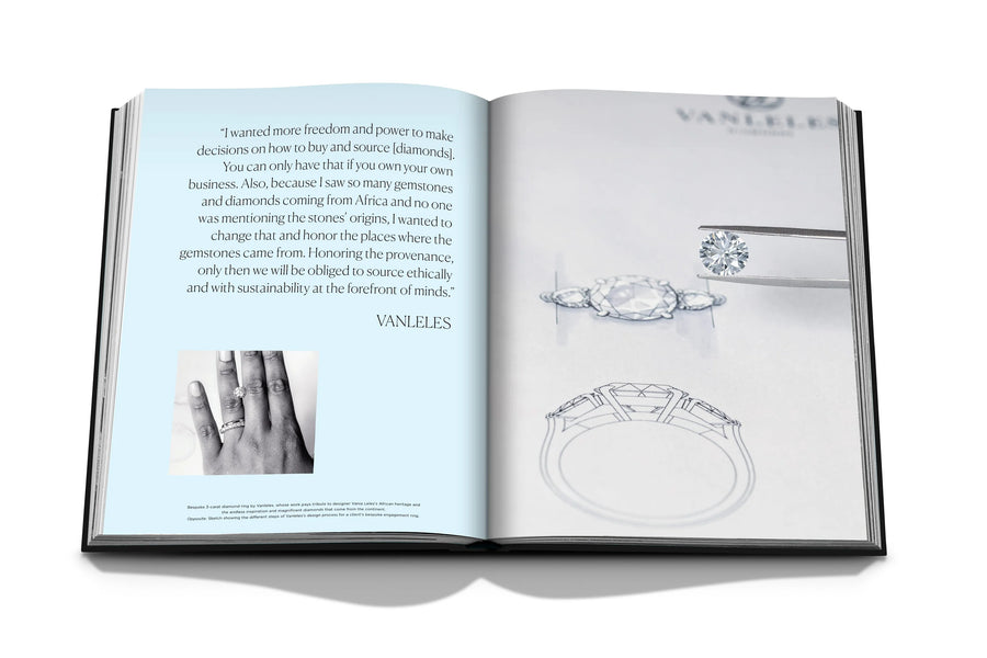 Assouline Diamonds: Diamonds Stories coffee table book displaying imag of sketches of diamonds & a hand with ring on it with information on a white back ground available at Spacio India for luxury home decor collection of Jewellery Coffee Table Books.