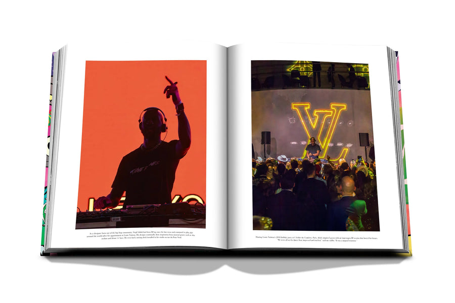 Assouline Louis Vuitton: Virgil Abloh Classic Cartoon Cover coffee table book displaying Image of Virgil Abloh & concert on a white back ground available at Spacio India for luxury home decor accessories collection of Fashion Coffee Table Books.