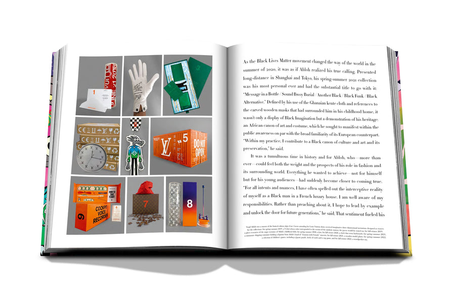 Assouline Louis Vuitton: Virgil Abloh Classic Cartoon Cover coffee table book displaying photos of Louis Vuitton Accessories with information on a white back ground available at Spacio India for luxury home decor accessories collection of Fashion Coffee Table Books.