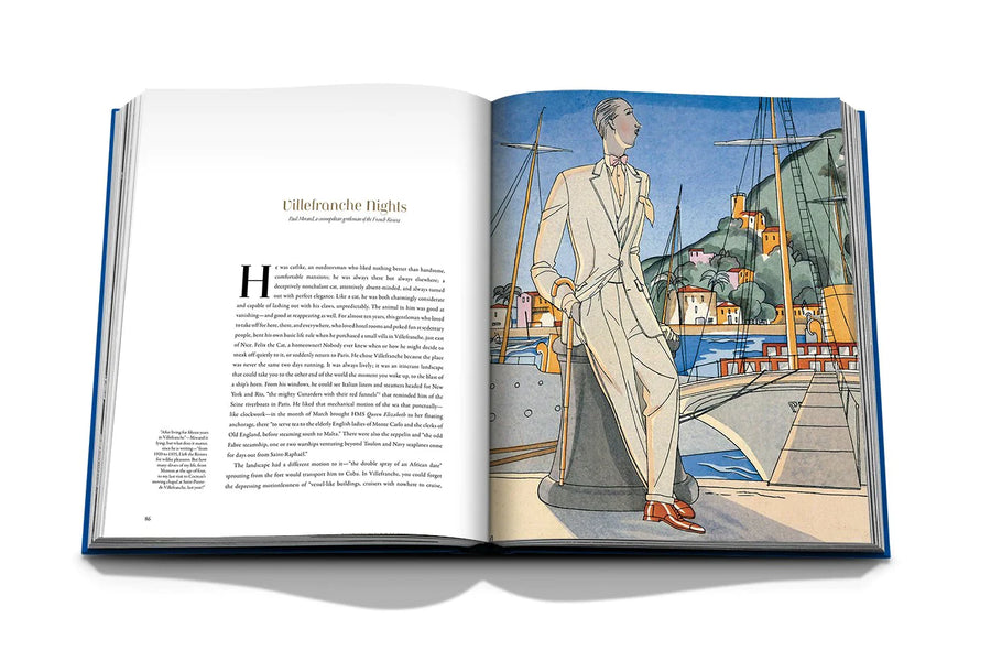 Assouline French Riviera In The 1920s coffee table book displaying photo of Monsieur illustration poster with its information on a white back ground available at Spacio India for luxury home decor collection of Travel Coffee Table Books.