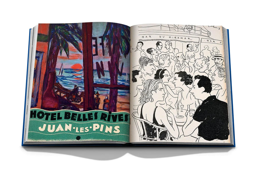 Assouline French Riviera In The 1920s coffee table book displaying sketches of people talking in party & beach hotel named 'Hotel Belles Rives - Juan Les Pins' on a white back ground available at Spacio India for luxury home decor collection of Travel Coffee Table Books.