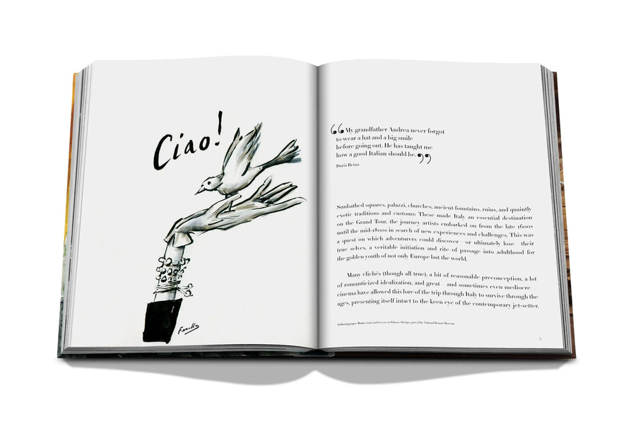 Assouline Italian Chic coffee table book displaying photo of Ciao text with dove on hand sketch with text from Italy restaurants spaces from Italy a white back ground available at Spacio India for luxury home decor collection of Travel Coffee Table Books.