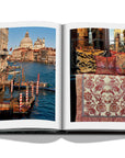 Assouline Italian Chic coffee table book displaying photo of Grand Canal & cushions from Italy restaurants spaces from Italy a white back ground available at Spacio India for luxury home decor collection of Travel Coffee Table Books.