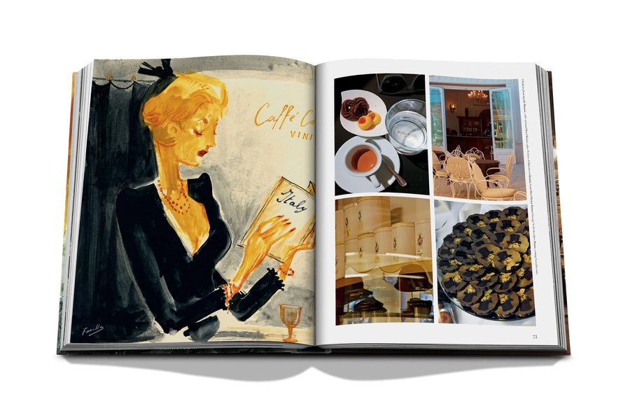 Assouline Italian Chic coffee table book displaying photos of sketch from  illustrator andrea ferolla & Italy restaurants spaces from Italy a white back ground available at Spacio India for luxury home decor accessories collection of Travel Coffee Table Books.