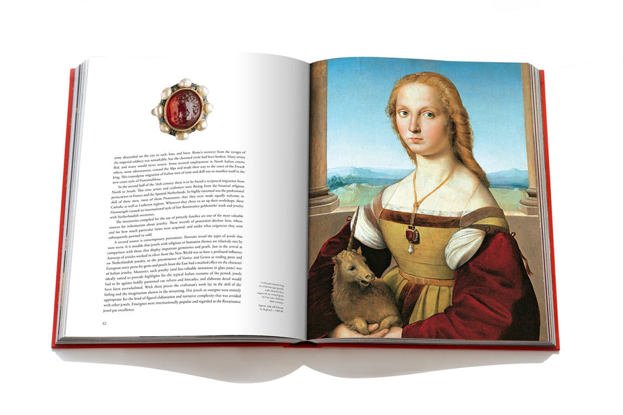 Assouline Jewels of the Renaissance coffee table book displaying Young Woman with Unicorn Painting by Raphael  on a white background available at Spacio India for luxury home decor accessories collection of Jewellery Coffee Table Books.