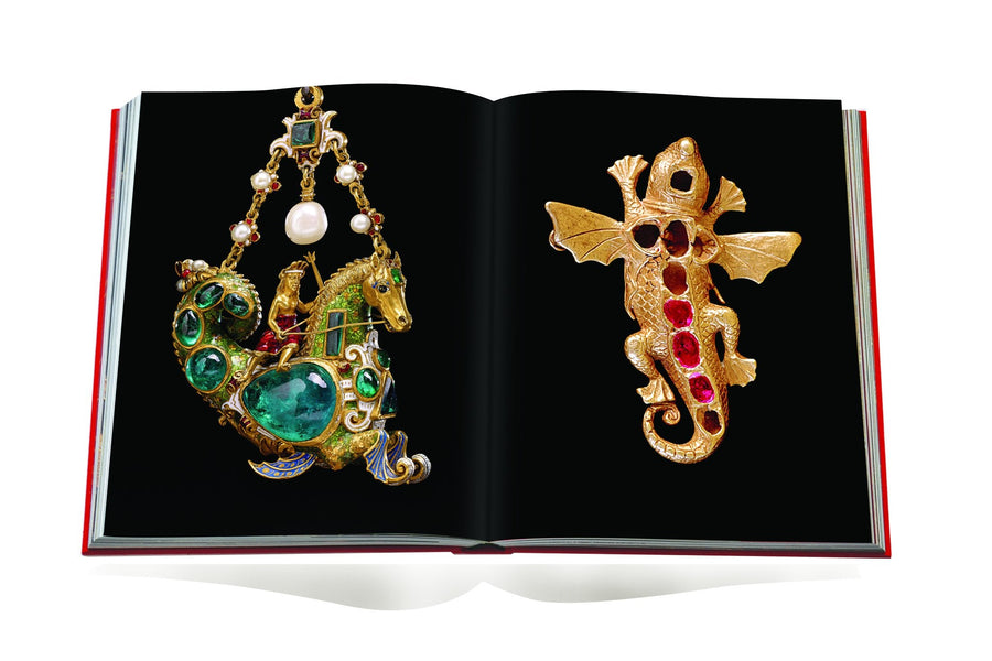 Assouline Jewels of the Renaissance coffee table book displaying Pendant jewel, gold, set with cabochon emeralds, form of hippocamp ridden & Salamander Pendant on a white background available at Spacio India for luxury home decor accessories collection of Jewellery Coffee Table Books.