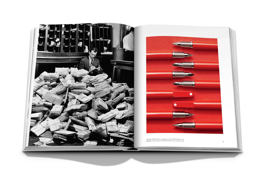 Assouline Montblanc coffee table book displaying vintage picture of Postal Worker & RED collection in collaboration with the (RED) foundation, 2019 available at Spacio India for luxury home decor accessories collection of Fashion Coffee Table Books.