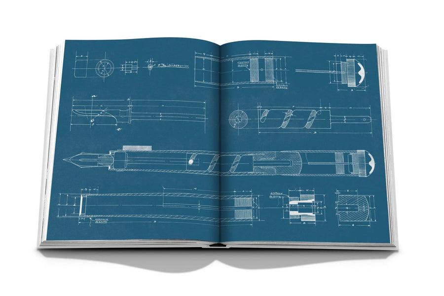 Assouline Montblanc coffee table book displaying picture of sketch of Pen & its parts available at Spacio India for luxury home decor accessories collection of Fashion Coffee Table Books.