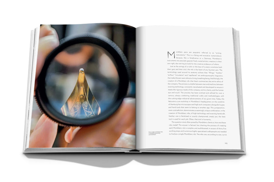 Assouline Montblanc coffee table book displaying picture of montblanc presents the rare art of gold nib's detailed look with information available at Spacio India for luxury home decor accessories collection of Fashion Coffee Table Books.