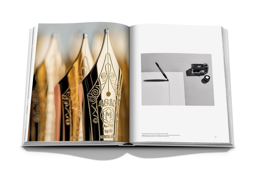 Assouline Montblanc coffee table book displaying picture of montblanc presents the rare art of gold nib craftsmanship for the michelangelo foundation available at Spacio India for luxury home decor accessories collection of Fashion Coffee Table Books.