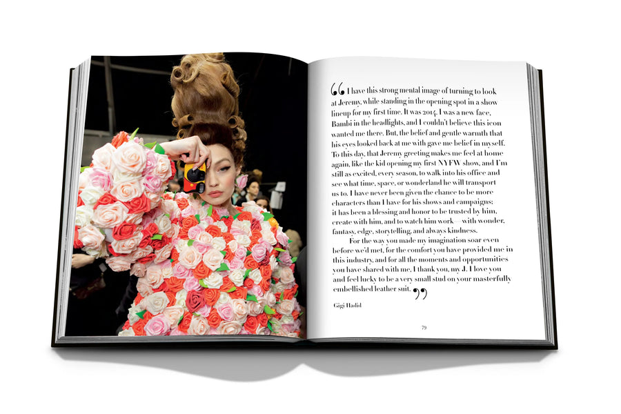 Assouline Moschino coffee table book displaying photos of Supermodel Gigi Hadid with a quote on a white back ground available at Spacio India for luxury home decor accessories collection of Fashion Coffee Table Books.