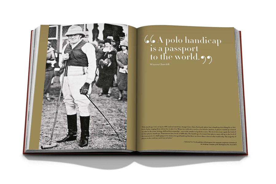 Assouline Polo Heritage Coffee Table Book displaying Photo of Winston Churchill on a white back ground available at Spacio India for luxury home decor accessories collection of Sports Coffee Table Books.