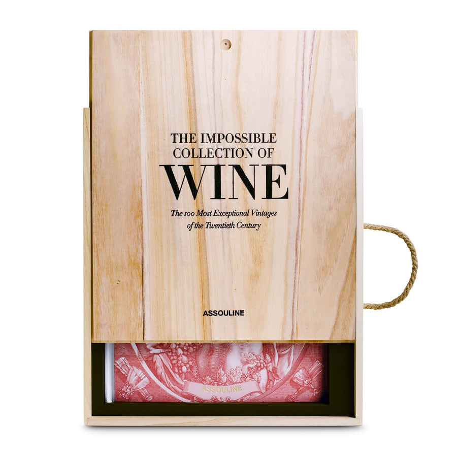 Assouline Coffee Table Book The Impossible Collection of Wine with its half opened box on a white back ground available at Spacio India for luxury home decor accessories collection of Ultimate Coffee Table Books.