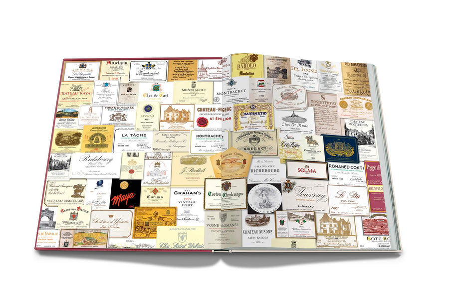 Assouline Coffee Table Book The Impossible Collection of Wine Limited Edition page displaying photo of various vintage stamps on a white back ground available at Spacio India for luxury home decor accessories collection of Ultimate Coffee Table Books.