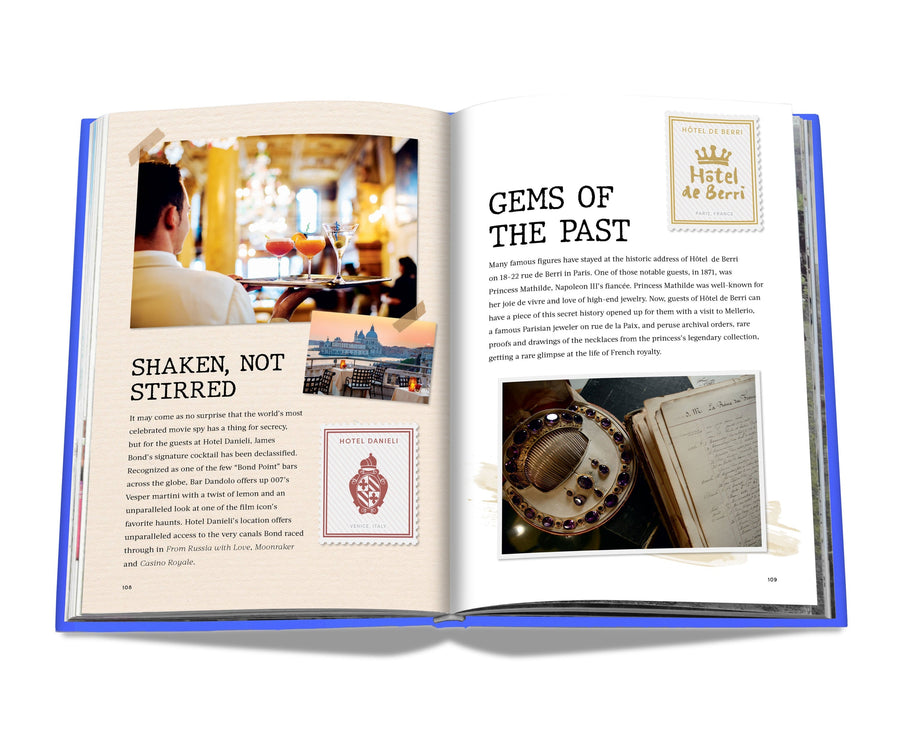 Assouline The Luxury Collection: Hotel Secrets coffee table book displaying spaces from Venice's Hotels with information on a white back ground available at Spacio India for luxury home decor accessories collection of Travel Coffee Table Books.